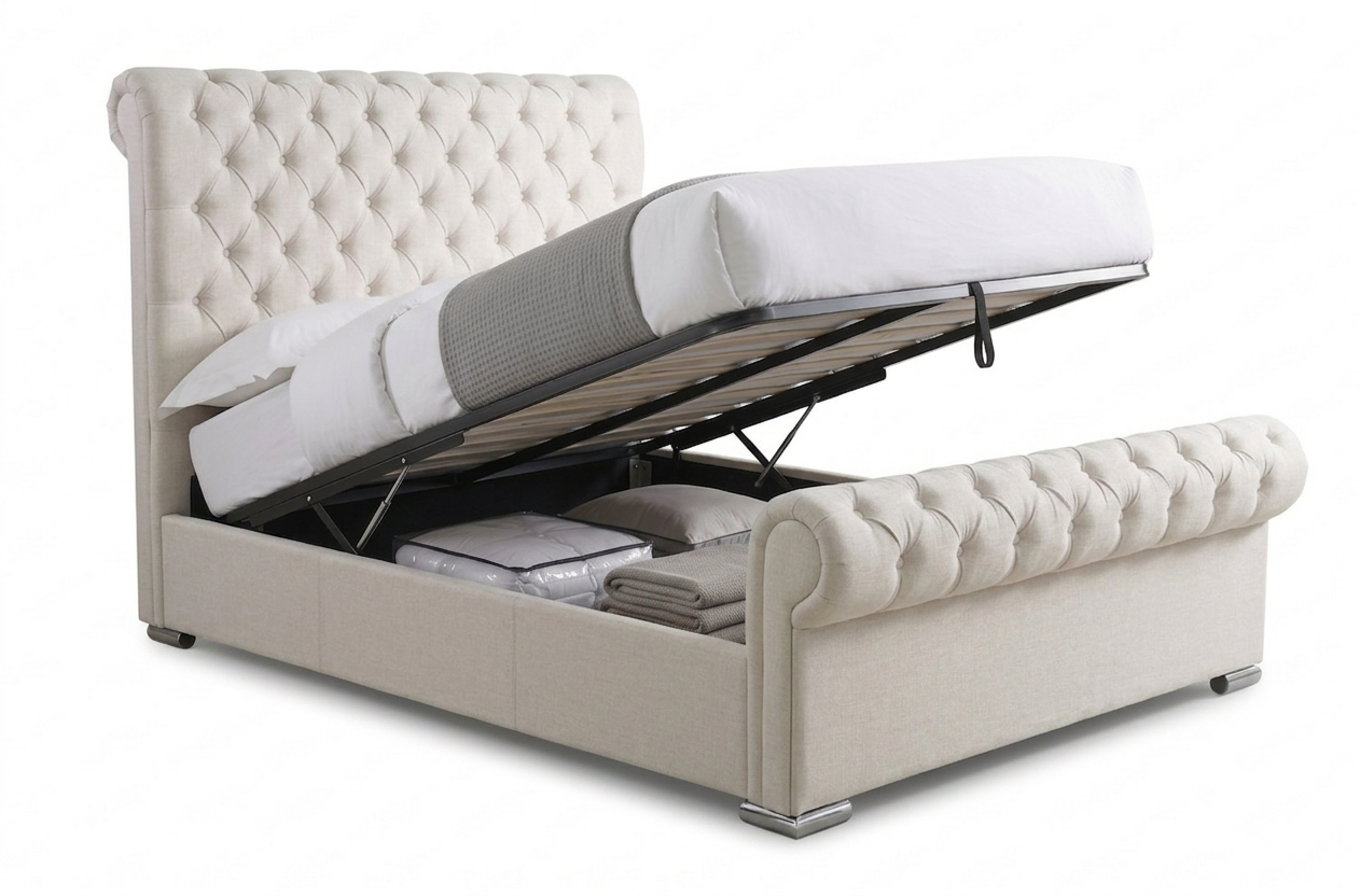 Beige tufted bed with storage compartments on a white background