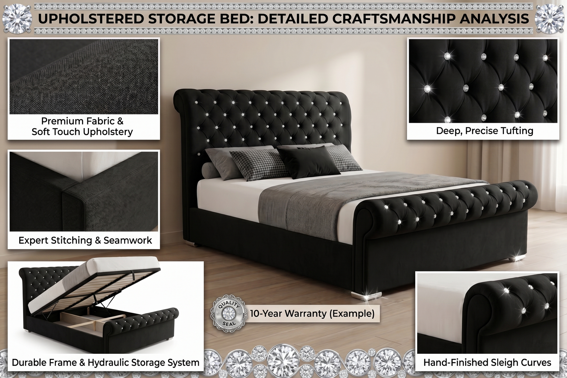 Upholstered storage bed with detailed craftsmanship analysis on a neutral background