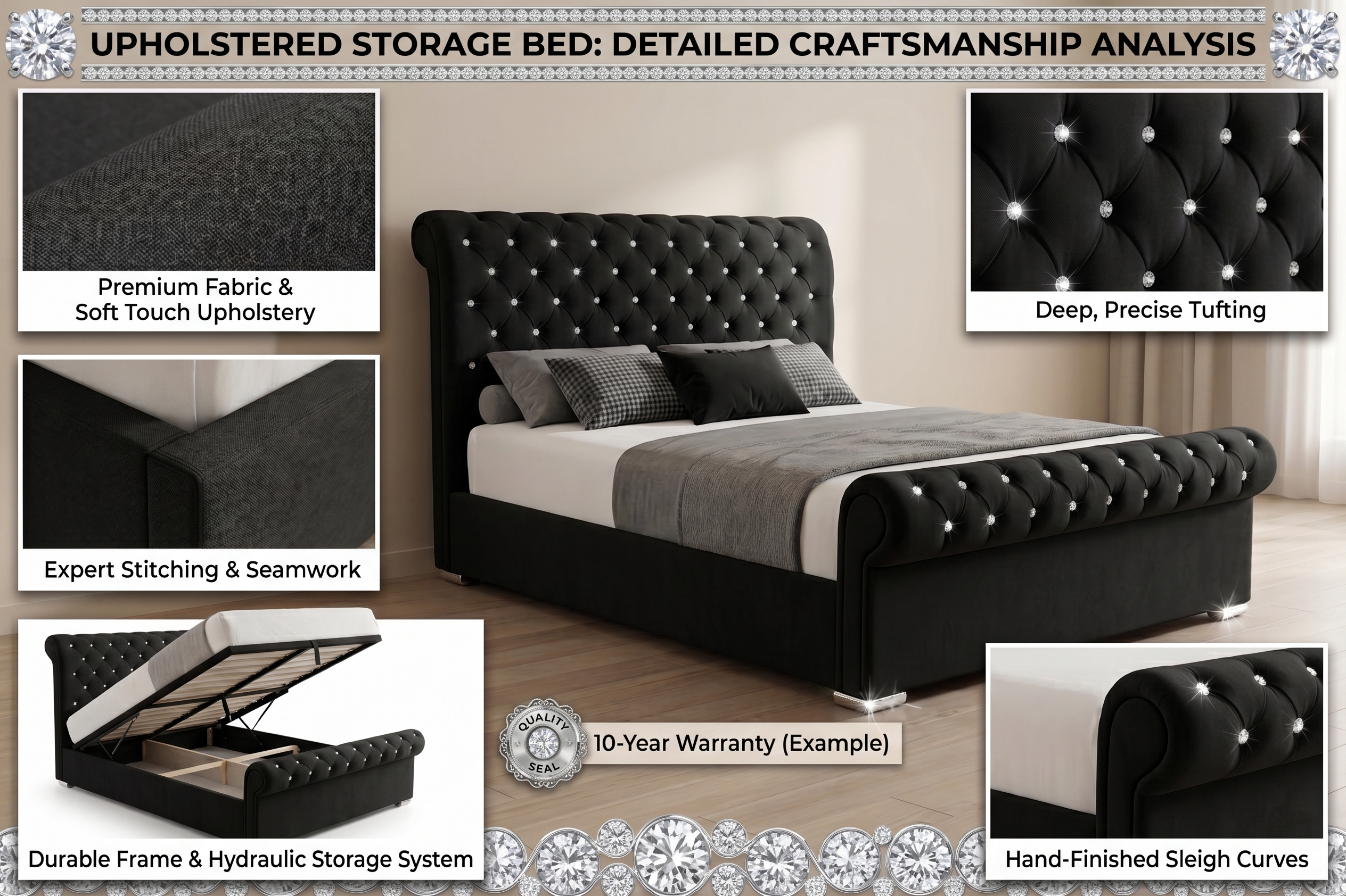 Upholstered storage bed with detailed craftsmanship analysis on a neutral background