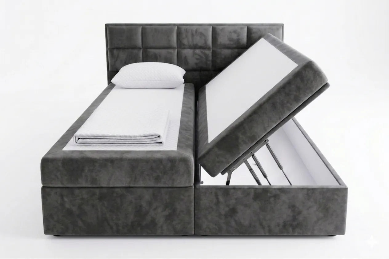 Modern bed with storage drawers on a white background
