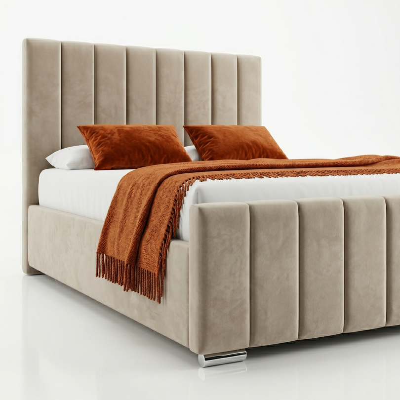 Luxury panel-line velvet storage bed with steel legs and mattress Belgium delivery