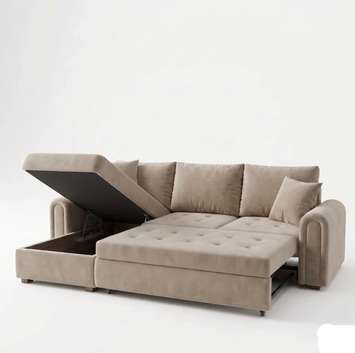 Beige sectional sofa with storage compartments on a white background