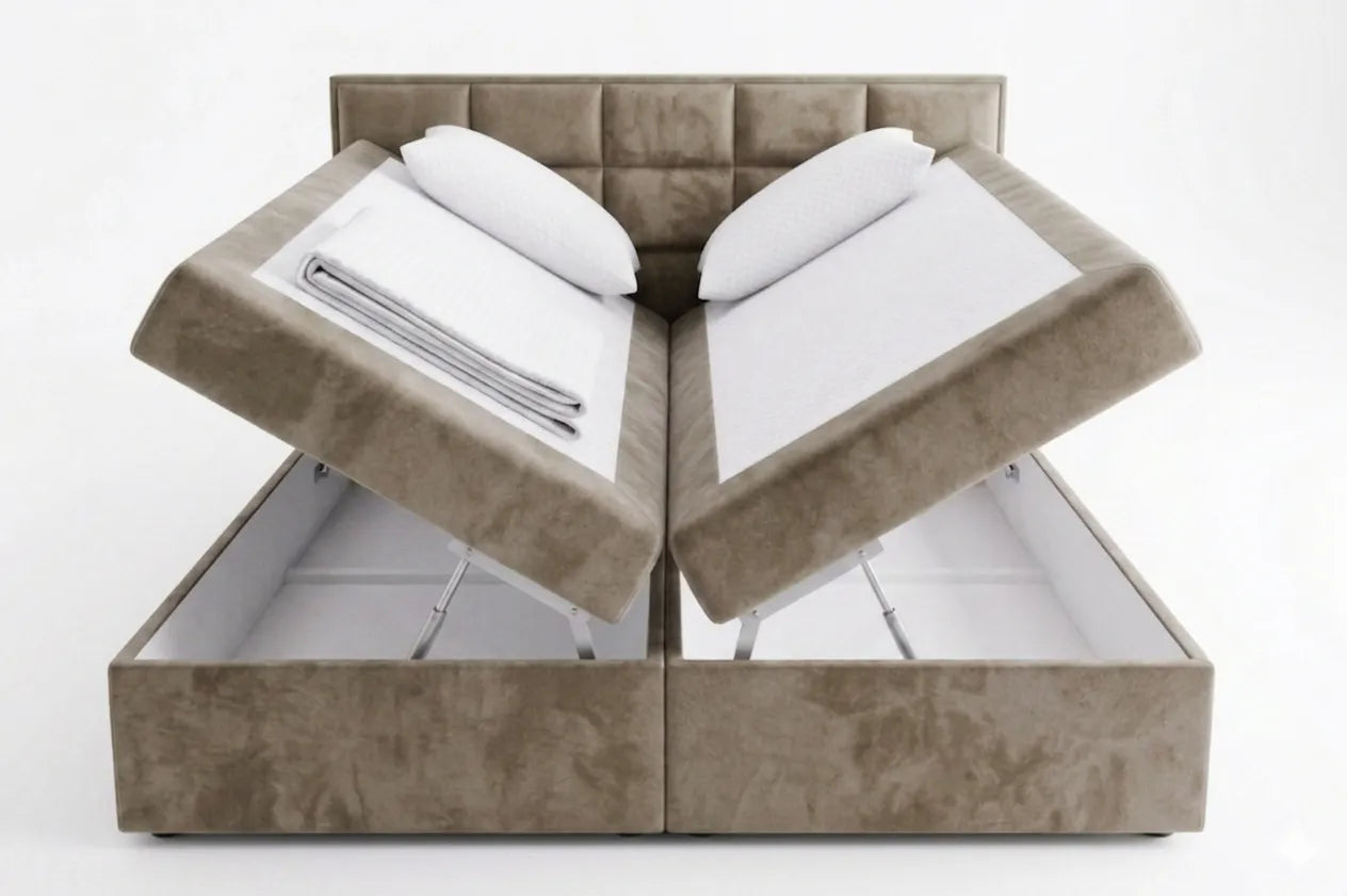 Open bed frame with upholstered headboard and white bedding on a white background