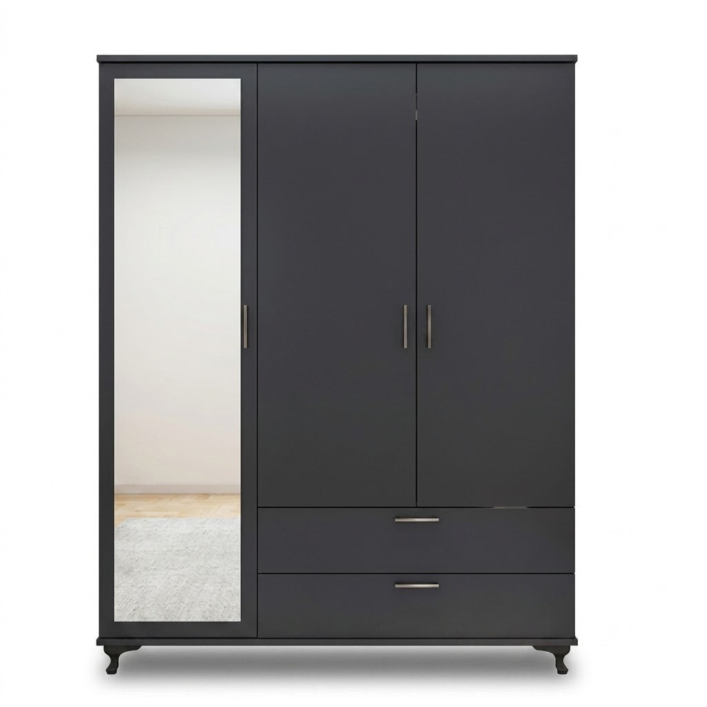 Modern Black Three-Door Wardrobe with Mirror, Drawers &amp; Shelves for Bedroom Storage