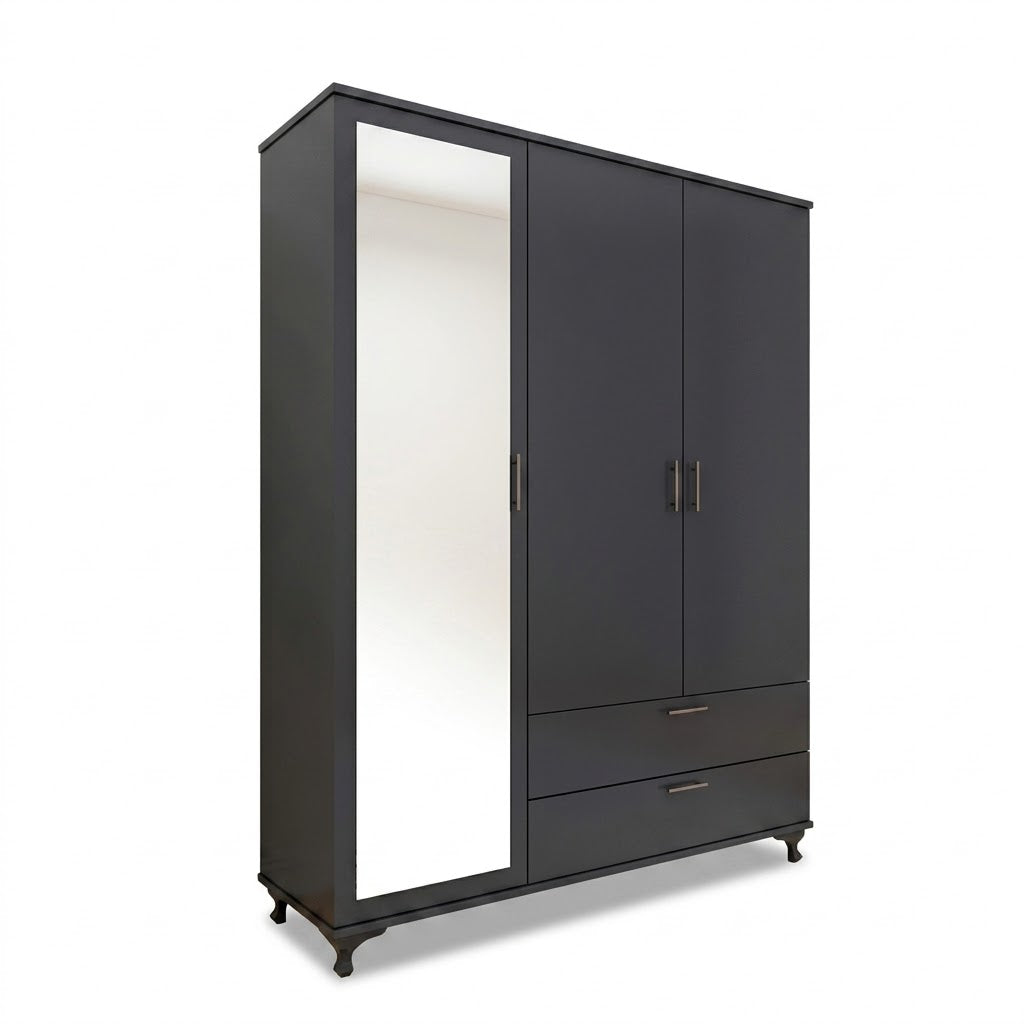 Modern Black Three-Door Wardrobe with Mirror, Drawers &amp; Shelves for Bedroom Storage