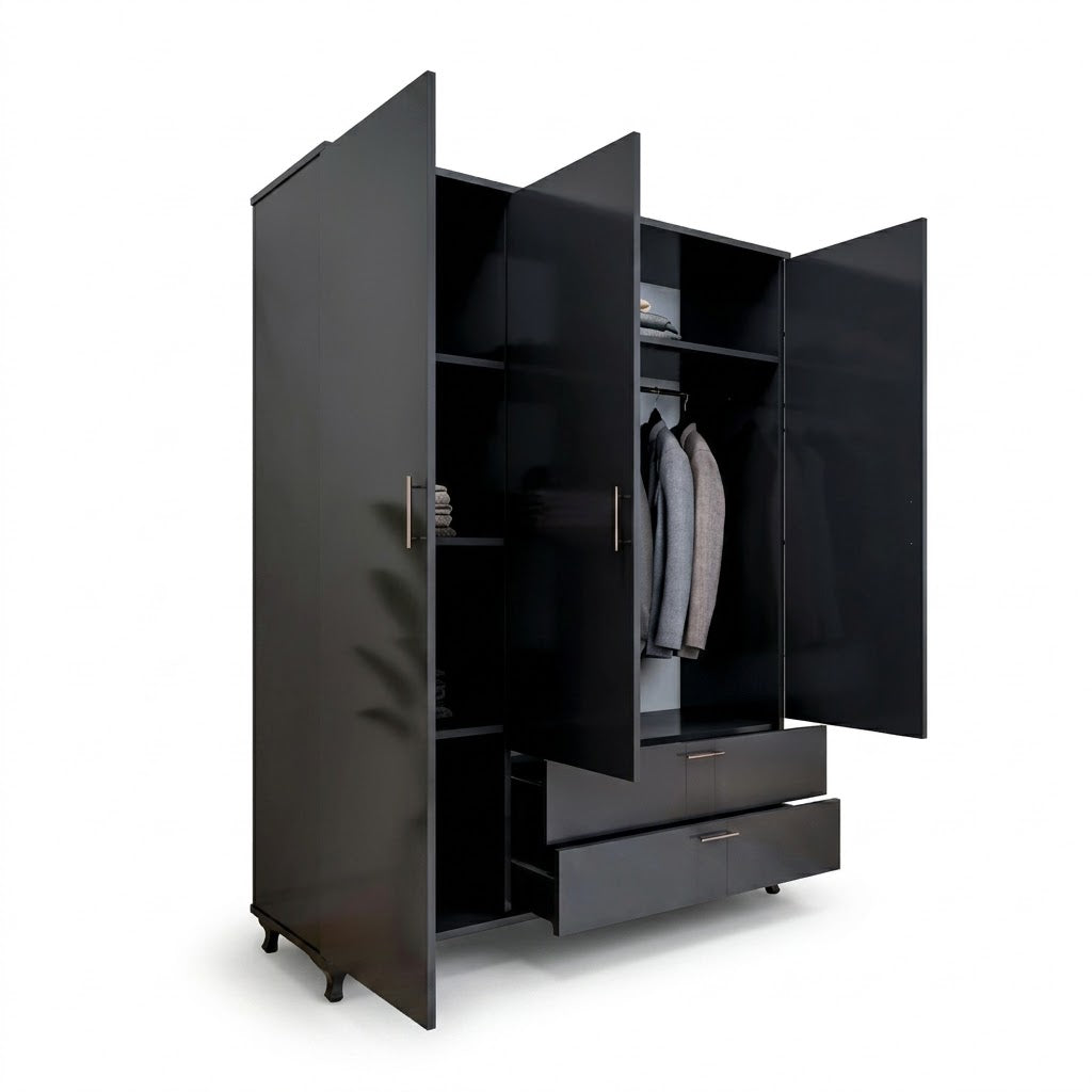Modern Black Three-Door Wardrobe with Mirror, Drawers &amp; Shelves for Bedroom Storage