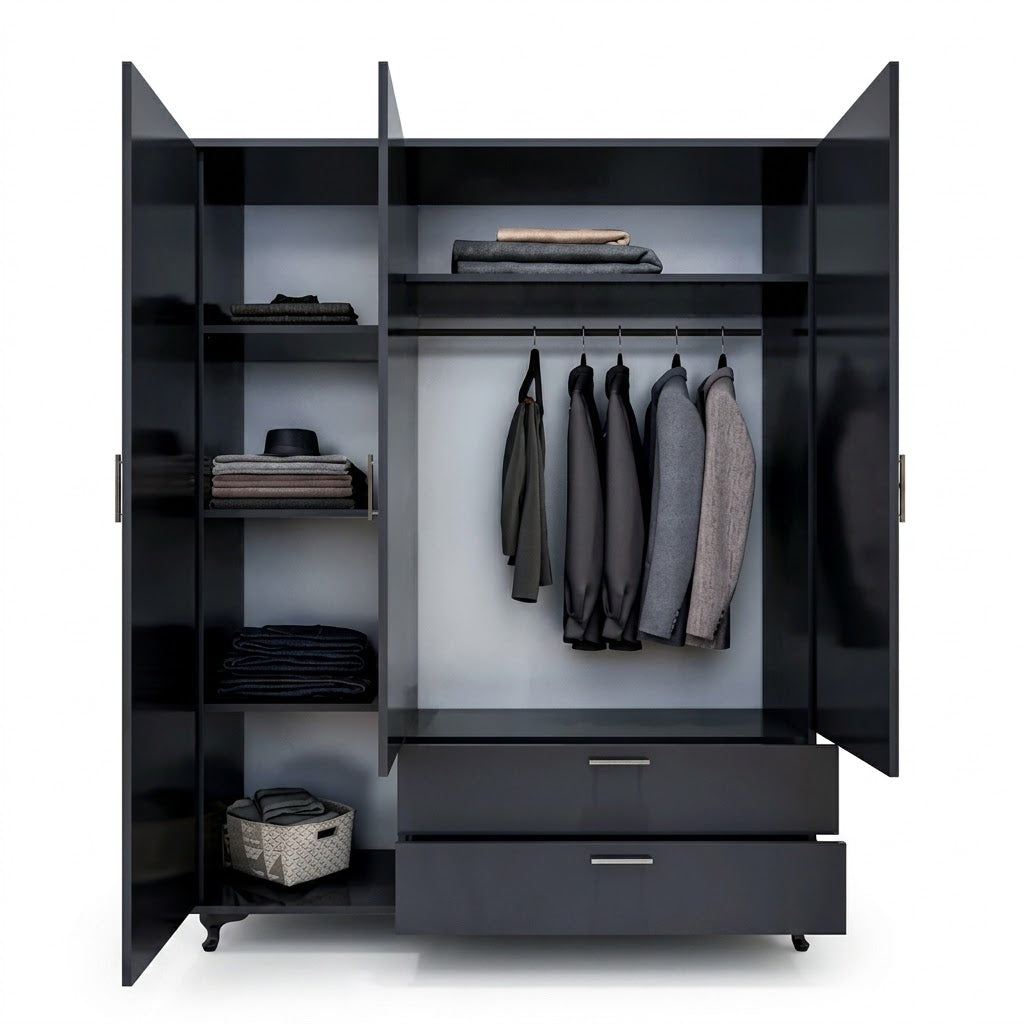 Modern Black Three-Door Wardrobe with Mirror, Drawers &amp; Shelves for Bedroom Storage