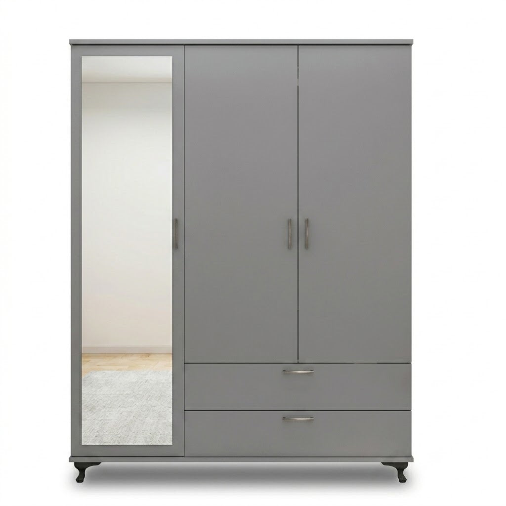 Modern Black Three-Door Wardrobe with Mirror, Drawers &amp; Shelves for Bedroom Storage