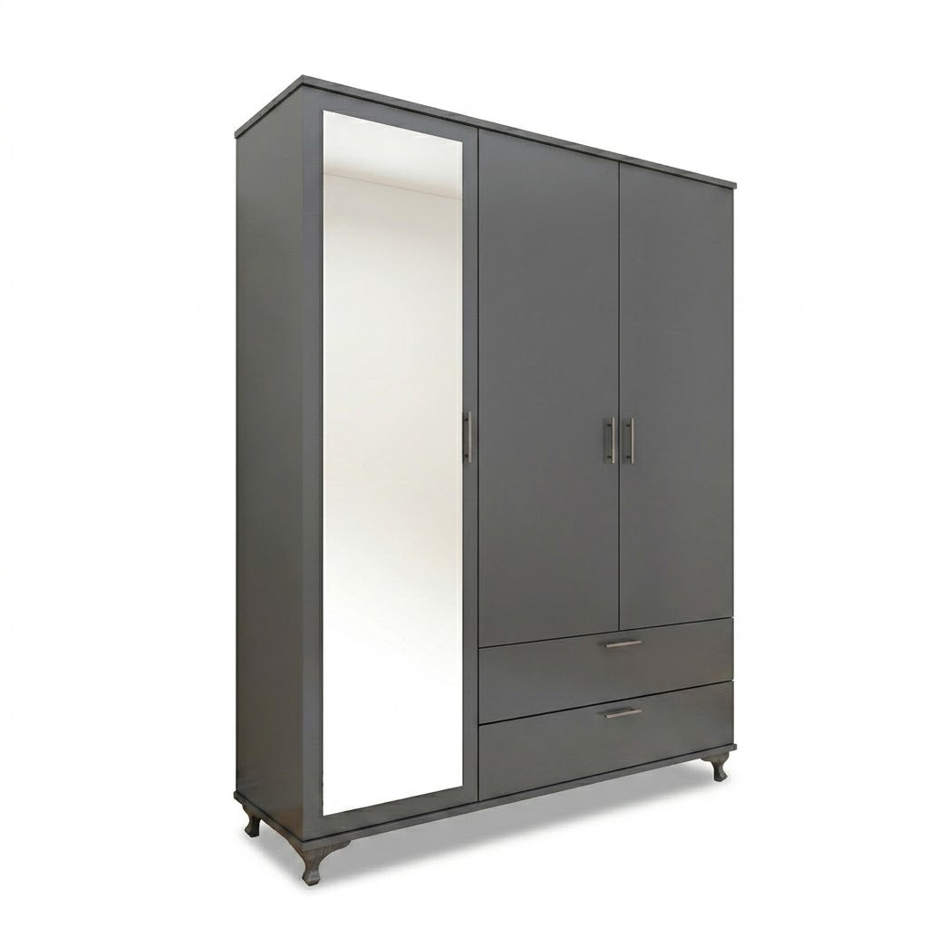 Modern Black Three-Door Wardrobe with Mirror, Drawers &amp; Shelves for Bedroom Storage