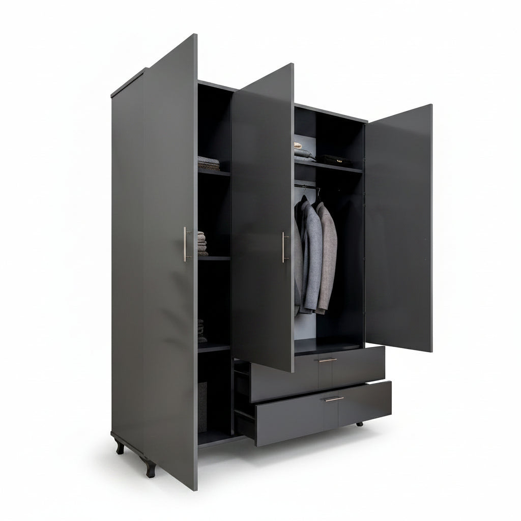 Modern Black Three-Door Wardrobe with Mirror, Drawers &amp; Shelves for Bedroom Storage