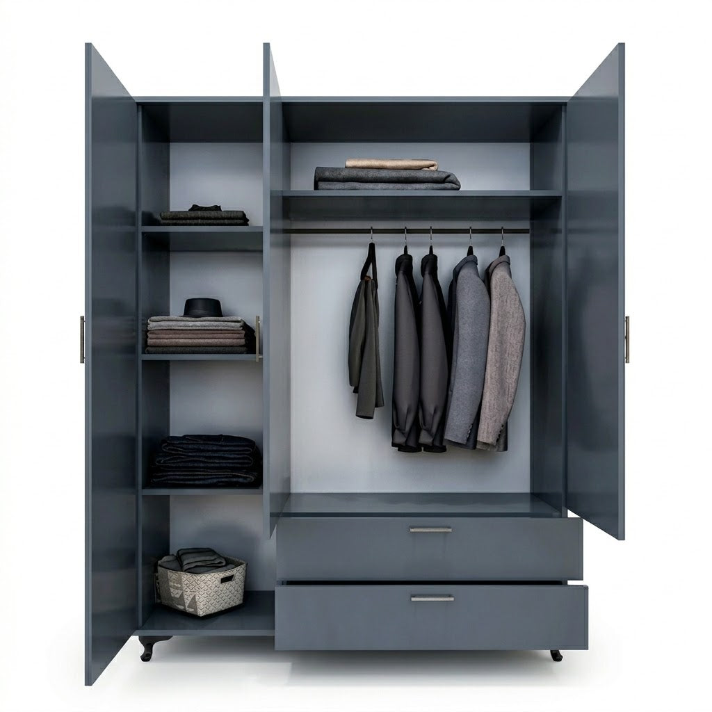 Modern Black Three-Door Wardrobe with Mirror, Drawers &amp; Shelves for Bedroom Storage