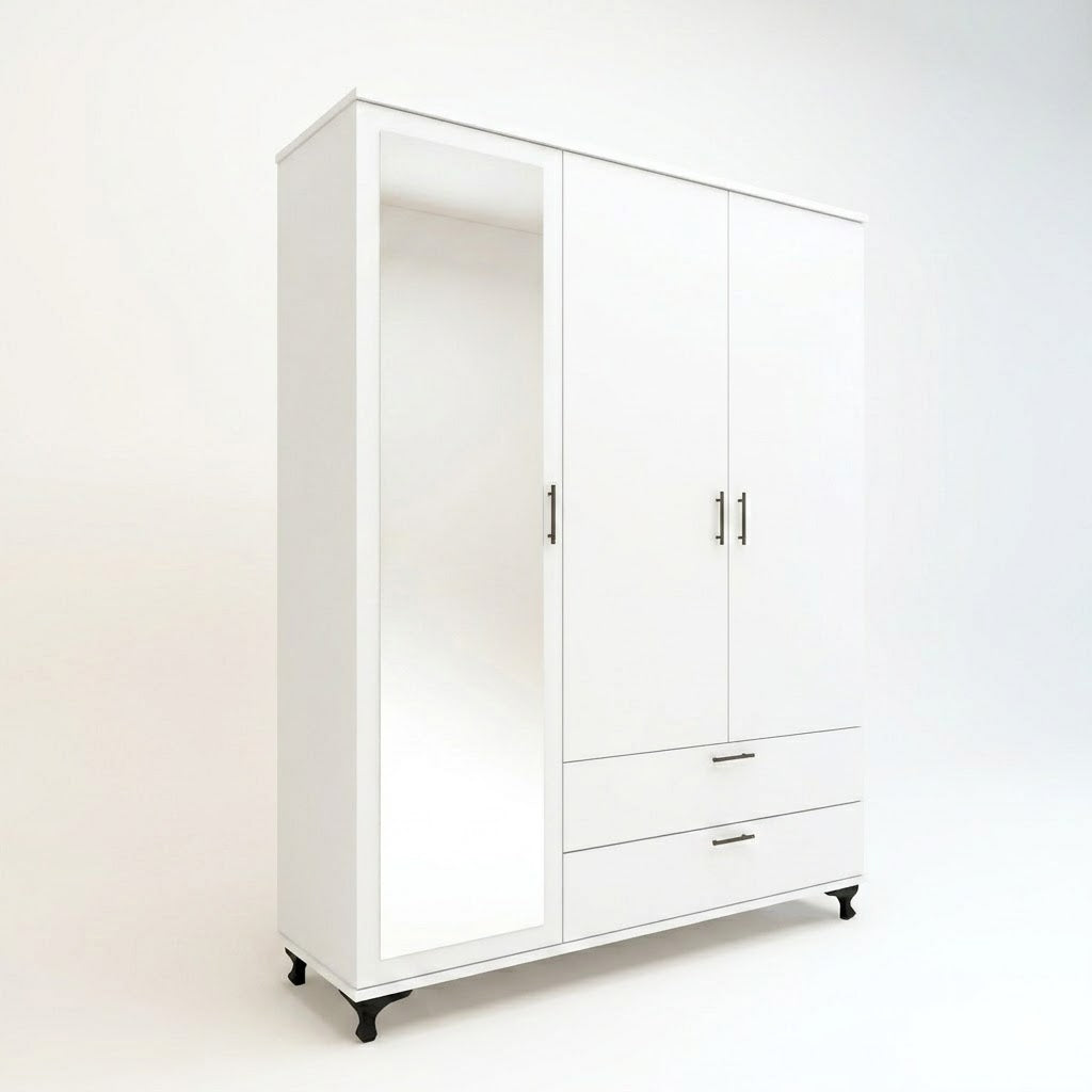 Modern Black Three-Door Wardrobe with Mirror, Drawers &amp; Shelves for Bedroom Storage