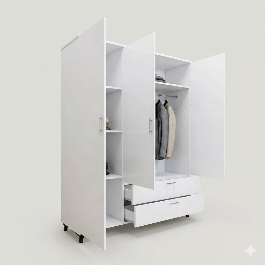 Modern Black Three-Door Wardrobe with Mirror, Drawers &amp; Shelves for Bedroom Storage