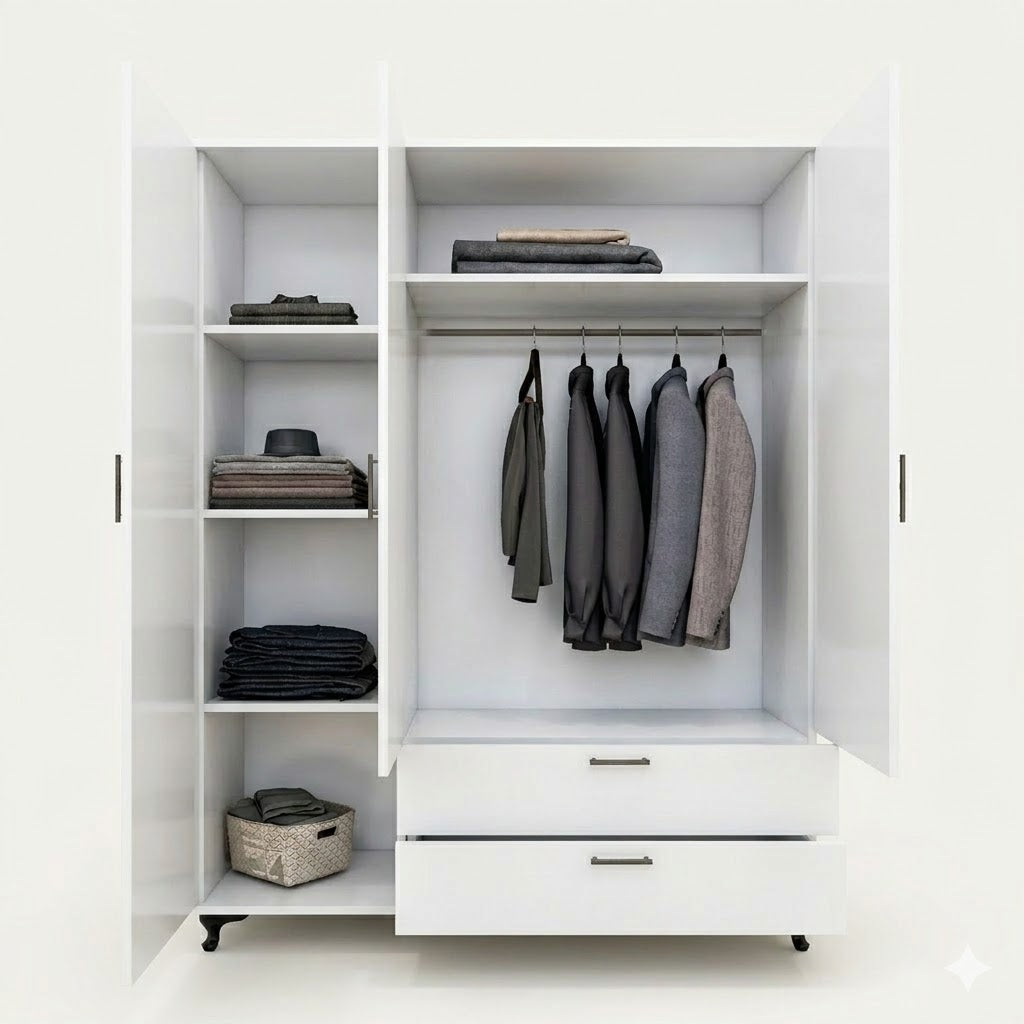 Modern Black Three-Door Wardrobe with Mirror, Drawers &amp; Shelves for Bedroom Storage