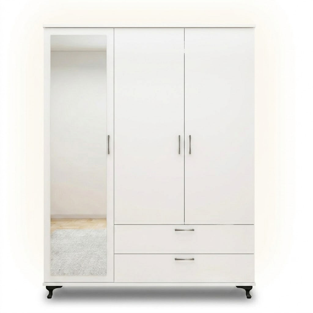 Modern Black Three-Door Wardrobe with Mirror, Drawers &amp; Shelves for Bedroom Storage