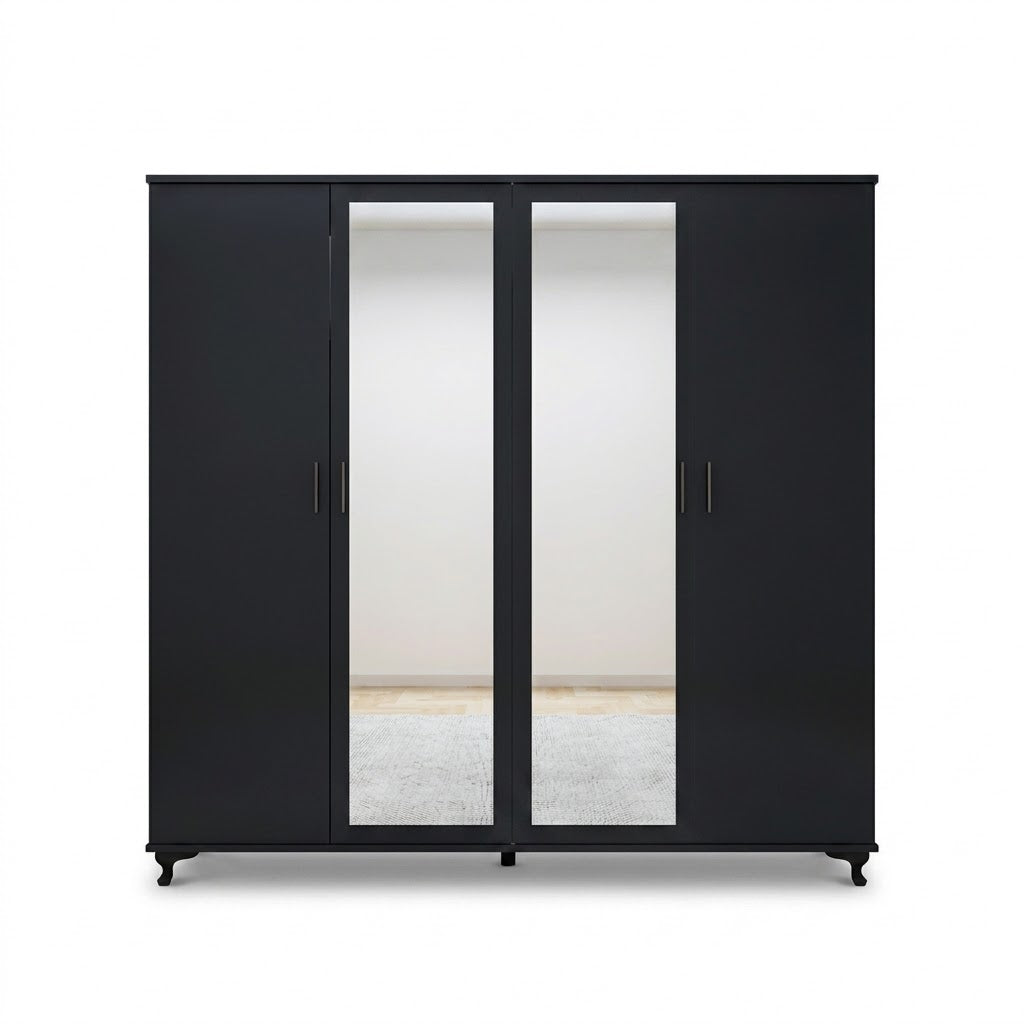 Four-Door Wardrobe with Double Mirrors and Large Storage