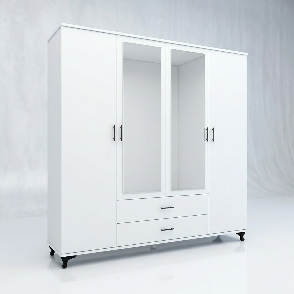 Four-Door Wardrobe with Double Mirrors and Large Storage