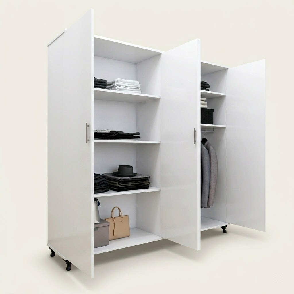 Four-Door Wardrobe with Double Mirrors and Large Storage