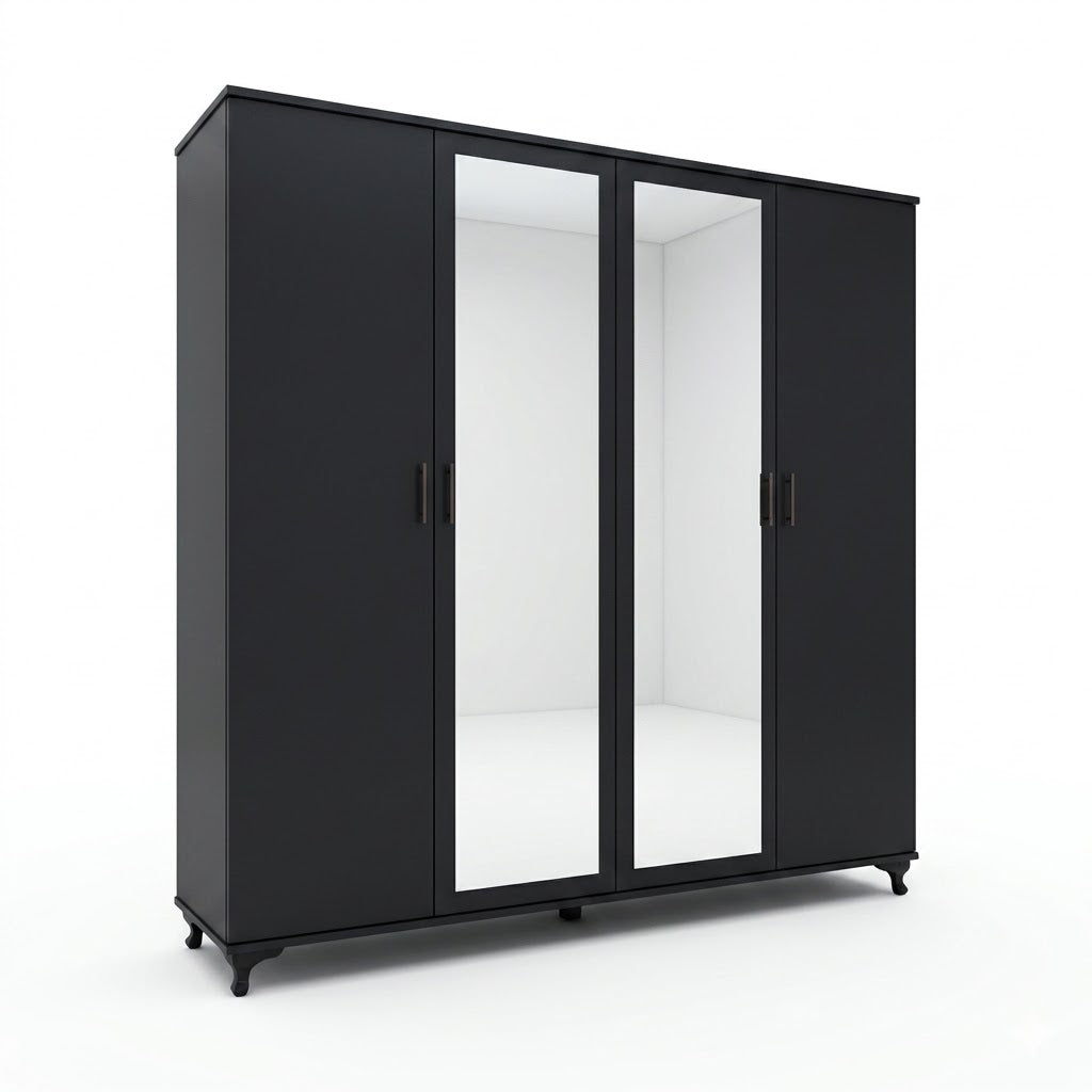 Four-Door Wardrobe with Double Mirrors and Large Storage