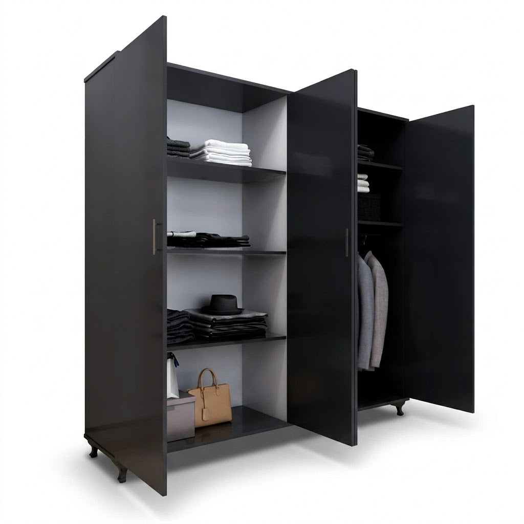 Four-Door Wardrobe with Double Mirrors and Large Storage