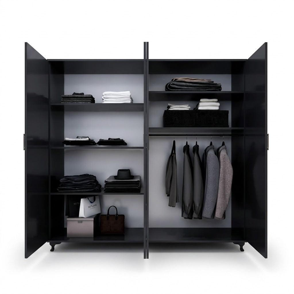 Four-Door Wardrobe with Double Mirrors and Large Storage