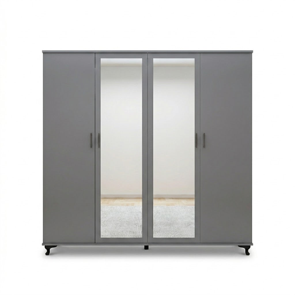 Four-Door Wardrobe with Double Mirrors and Large Storage