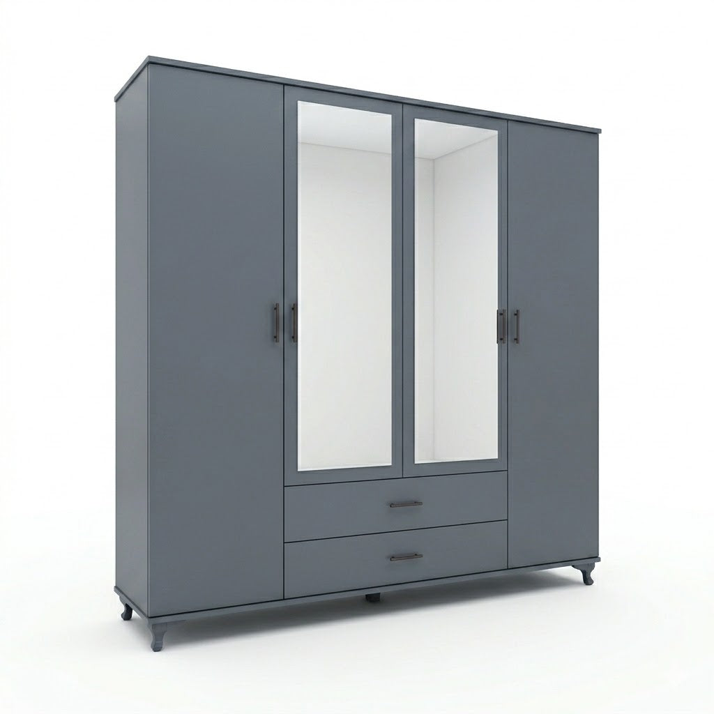 Four-Door Wardrobe with Double Mirrors and Large Storage