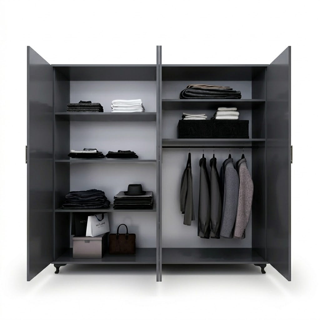 Four-Door Wardrobe with Double Mirrors and Large Storage