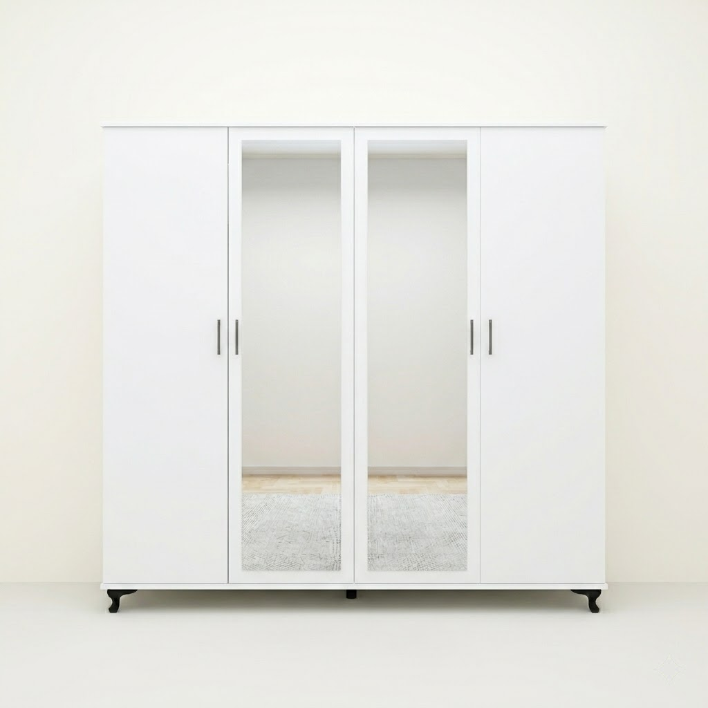 Four-Door Wardrobe with Double Mirrors and Large Storage