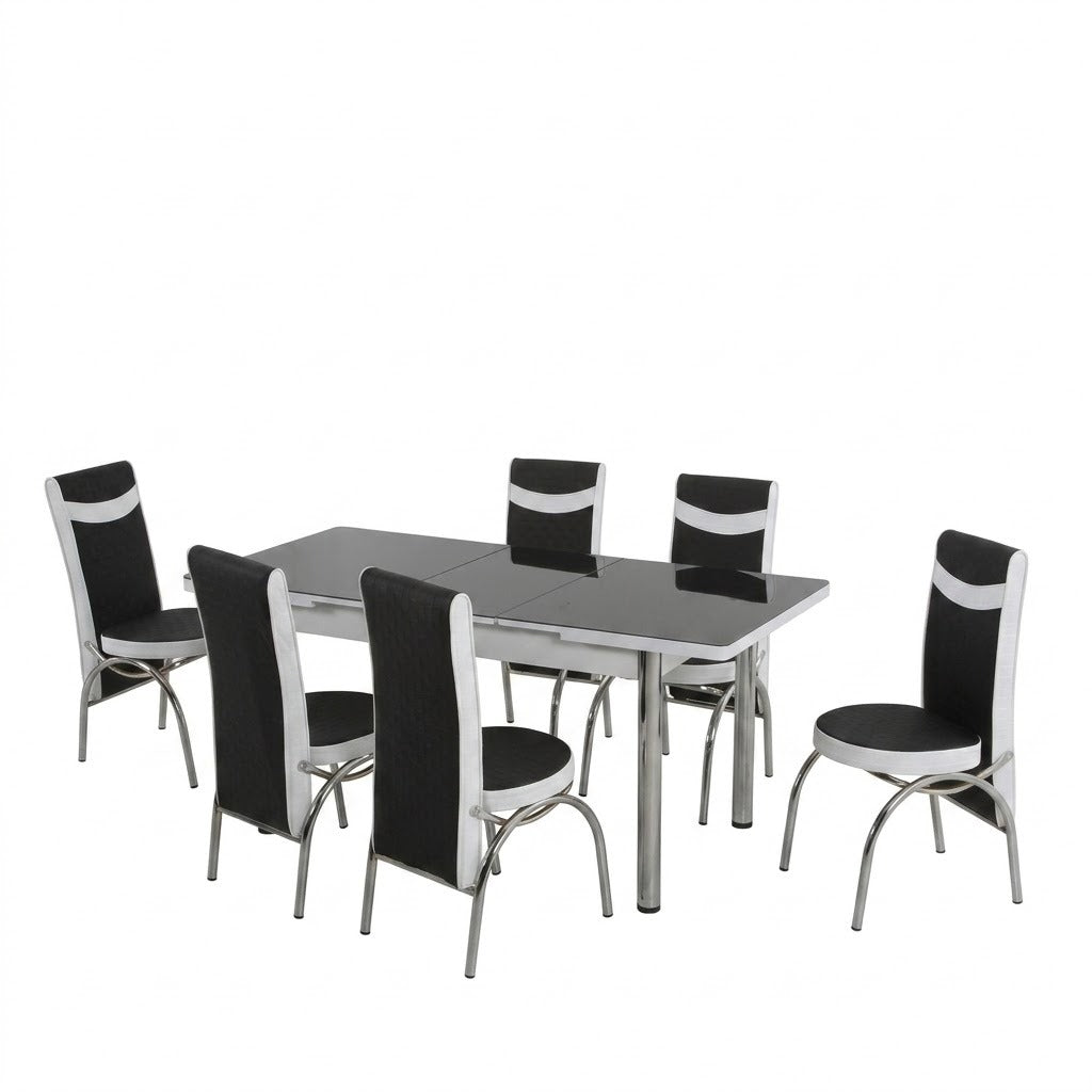 Premium Black and White Turkish Dining Set with Regzine Chairs & Printed Glass Table Top