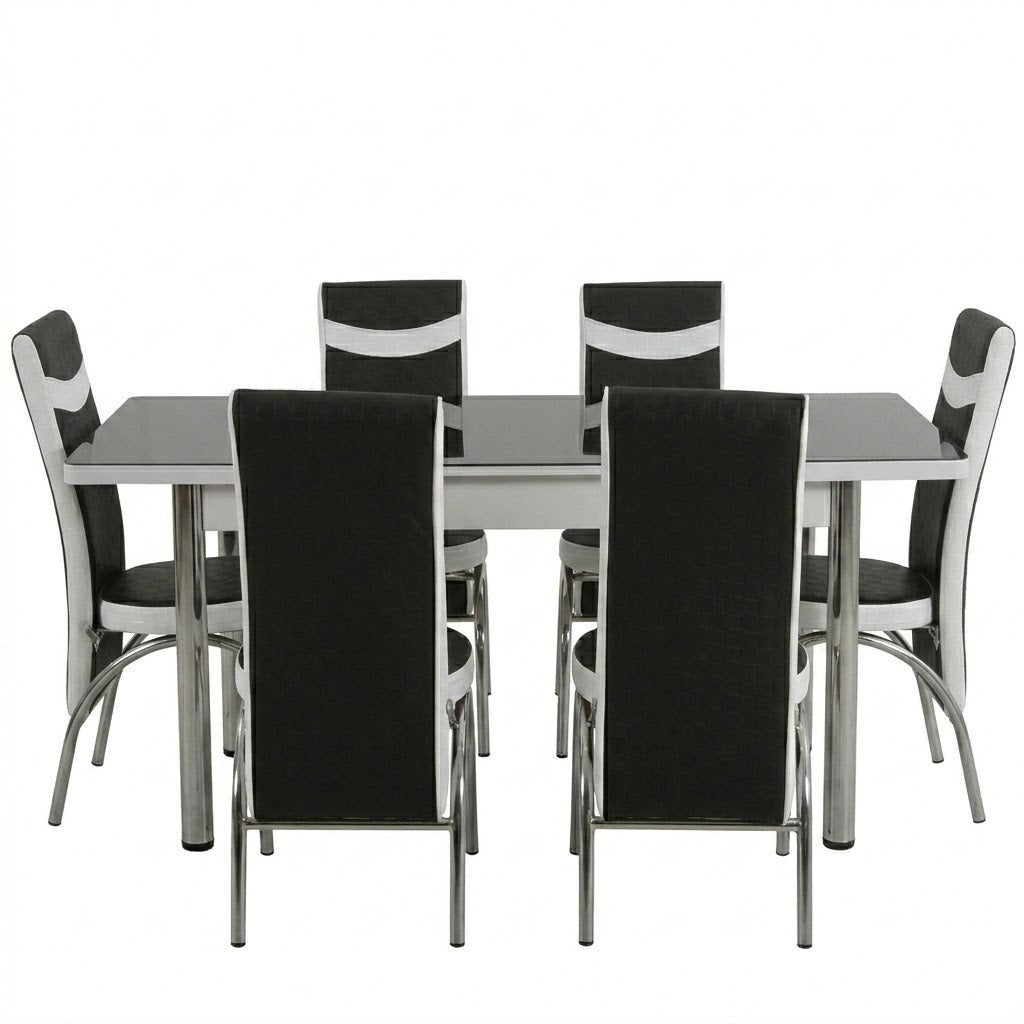 Premium Black and White Turkish Dining Set with Regzine Chairs & Printed Glass Table Top