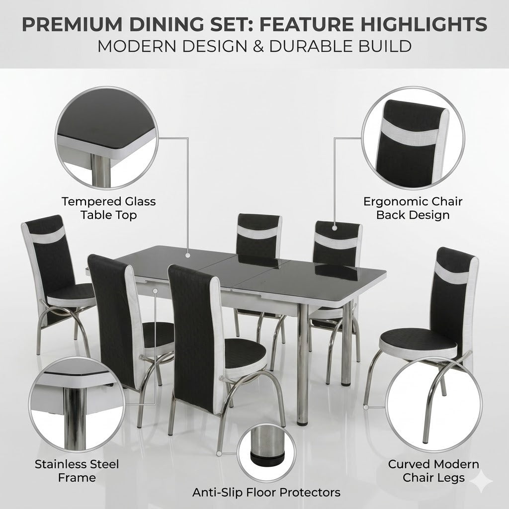 Premium Black and White Turkish Dining Set with Regzine Chairs & Printed Glass Table Top