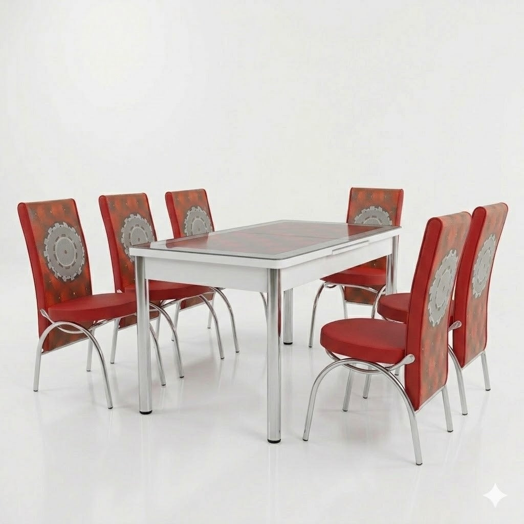 Premium Turkish Dining Set with Regzine Chairs ,Printed Glass Table Top & Steel Legs