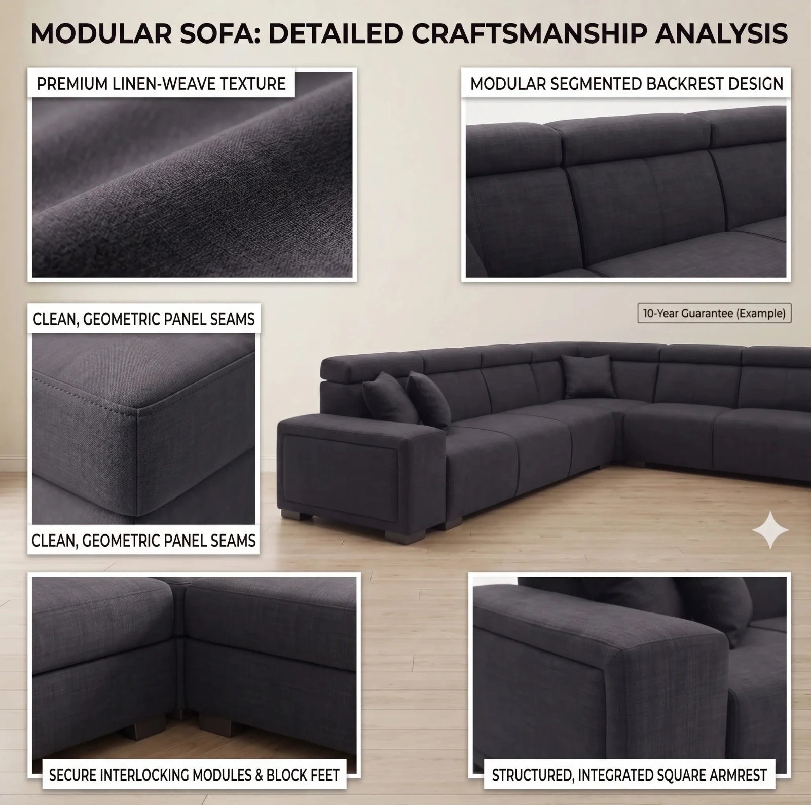 Modular sofa with detailed craftsmanship analysis on a neutral background
