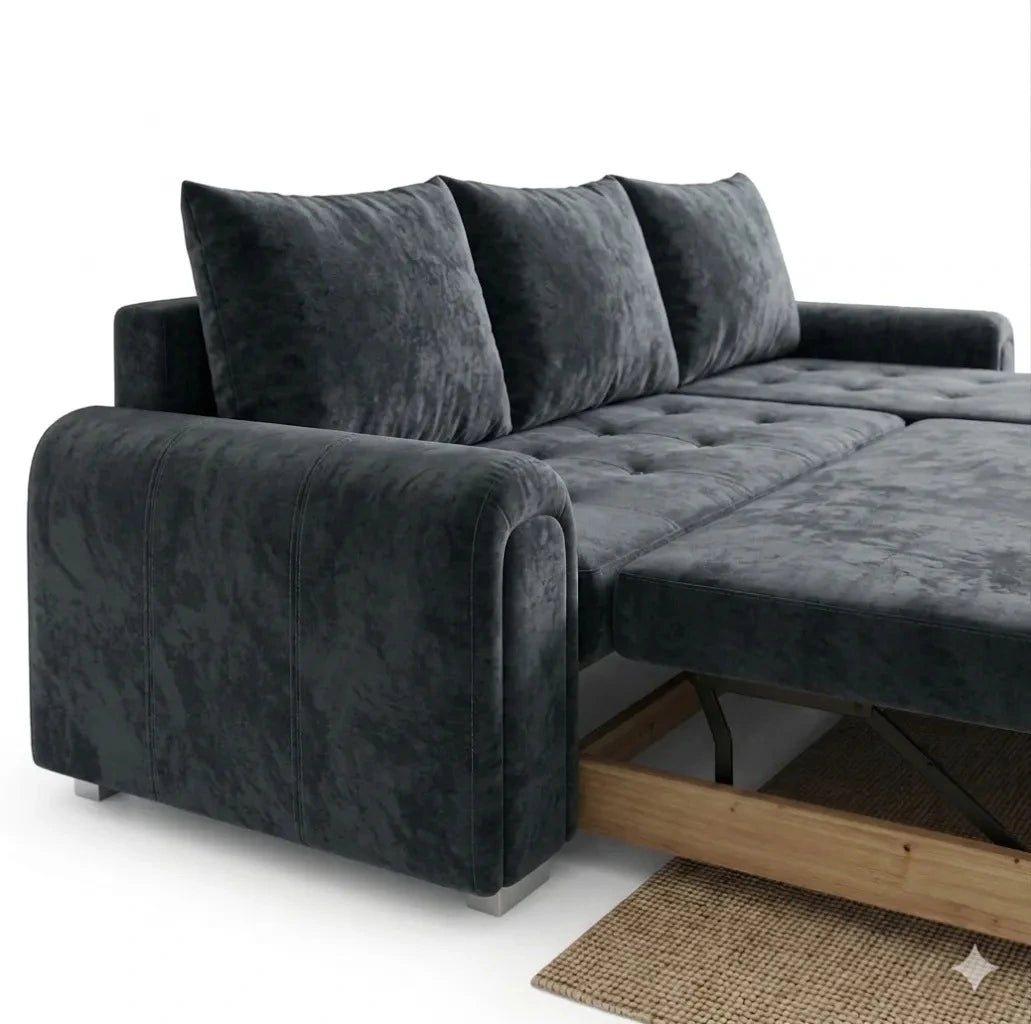 Gray sectional sofa with wooden base on a white background