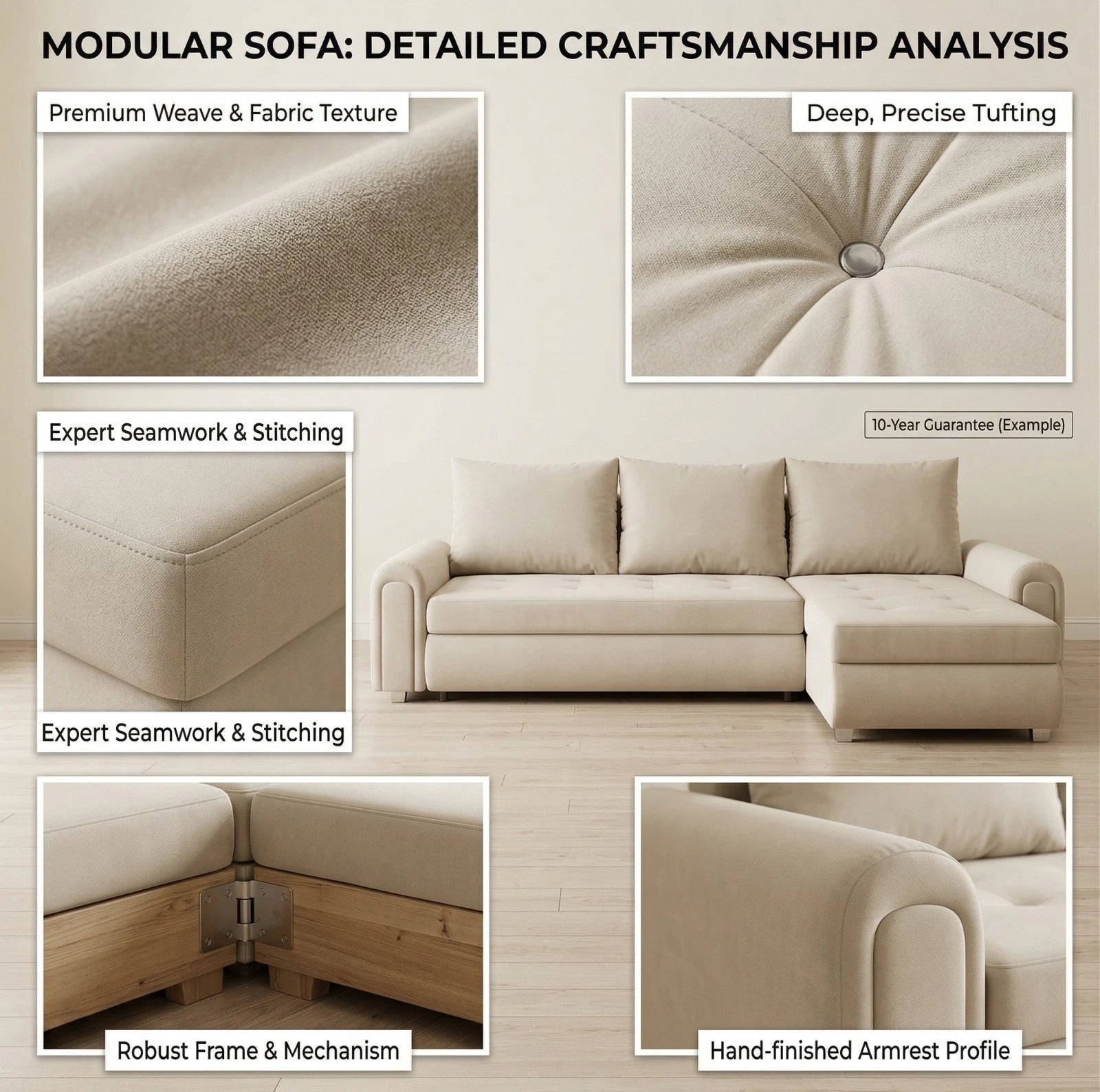 Beige sectional sofa with close-up details on craftsmanship, texture, and construction.