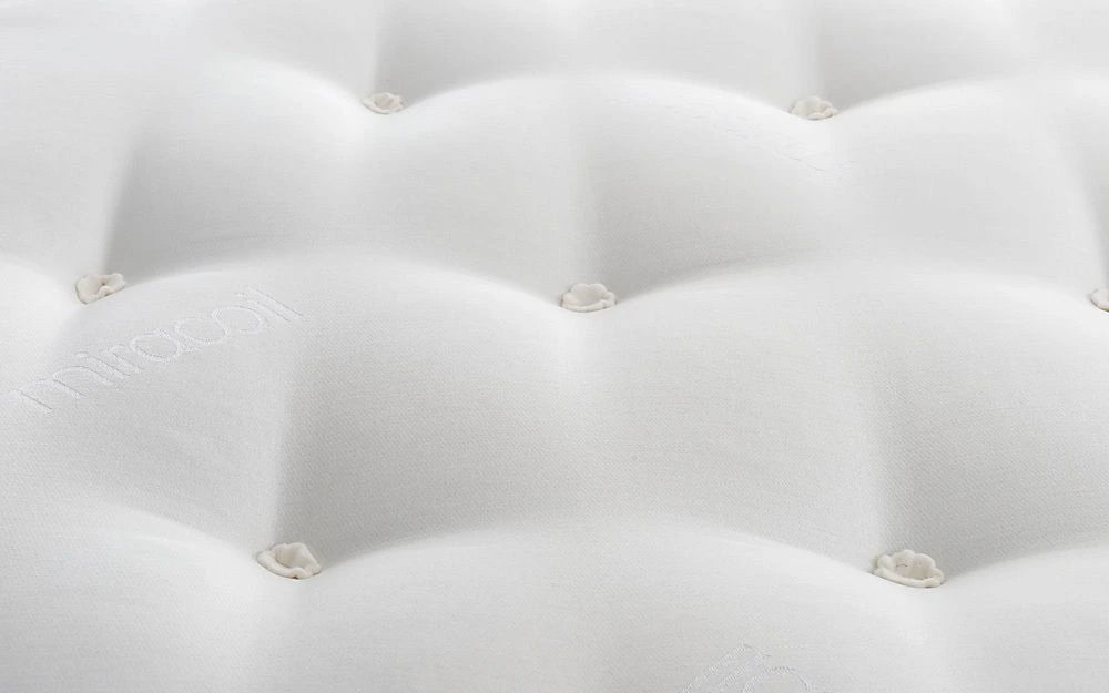 Close-up of a white mattress with quilted design