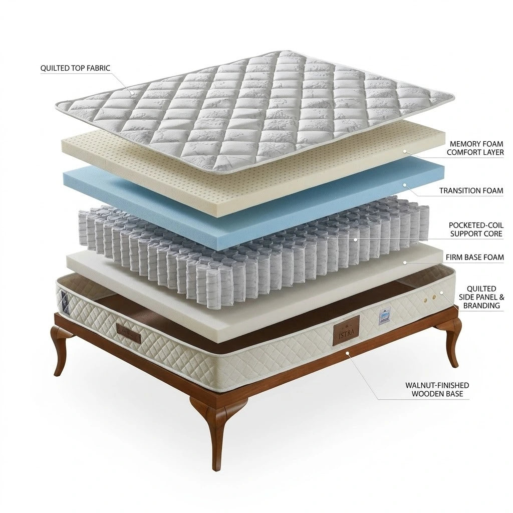 Diagram of a mattress with labeled layers on a white background
