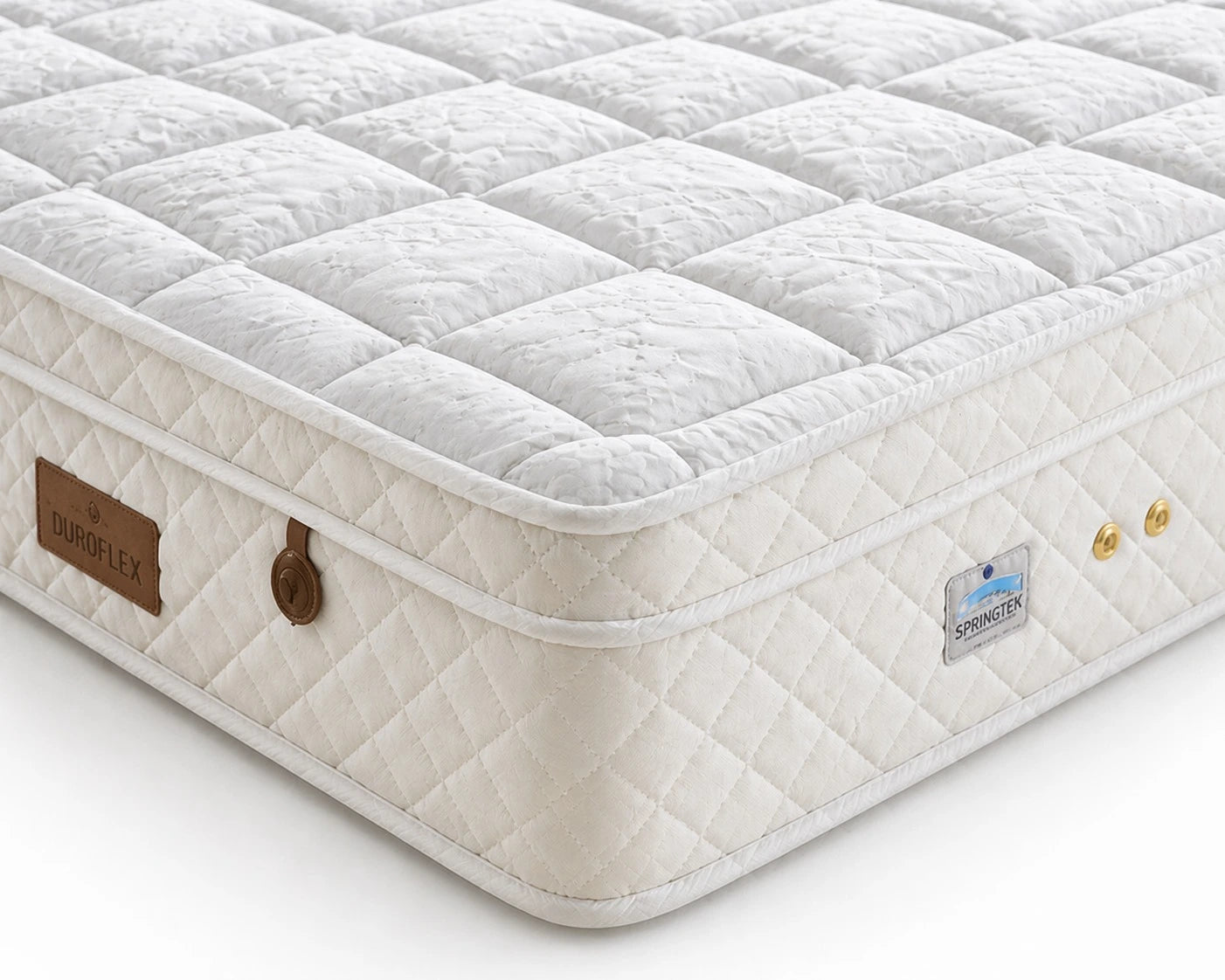 White quilted mattress cover with brand logos on a light gray background