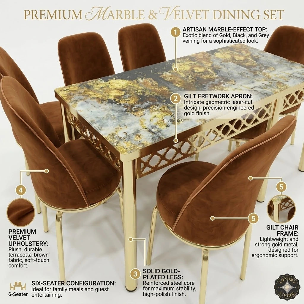 Luxury Gold Dining Set with Premium Velvet Chairs and Printed Glass Top