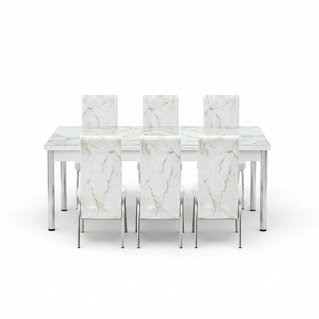 Premium White Marble Turkish Dining Set with 6 Elegant Chairs Luxury Modern Collection