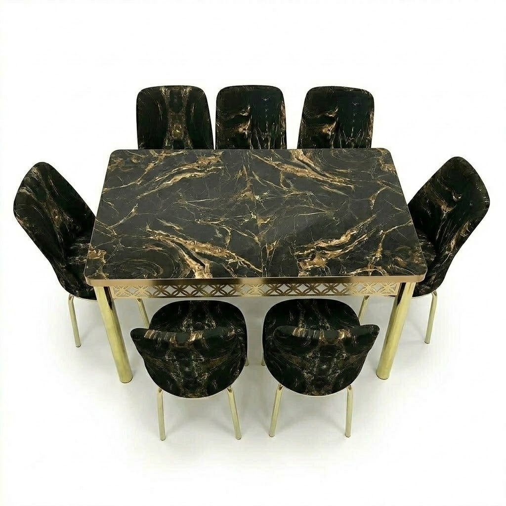 Luxury Black and Golden Velvet Dining Set ,Chairs & Printed Glass Table Top