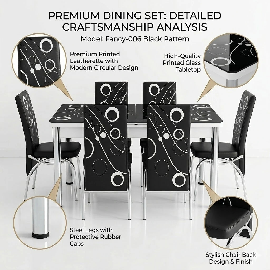 Premium Black Turkish Dining Set with Printed Glass Top and 6 Chairs