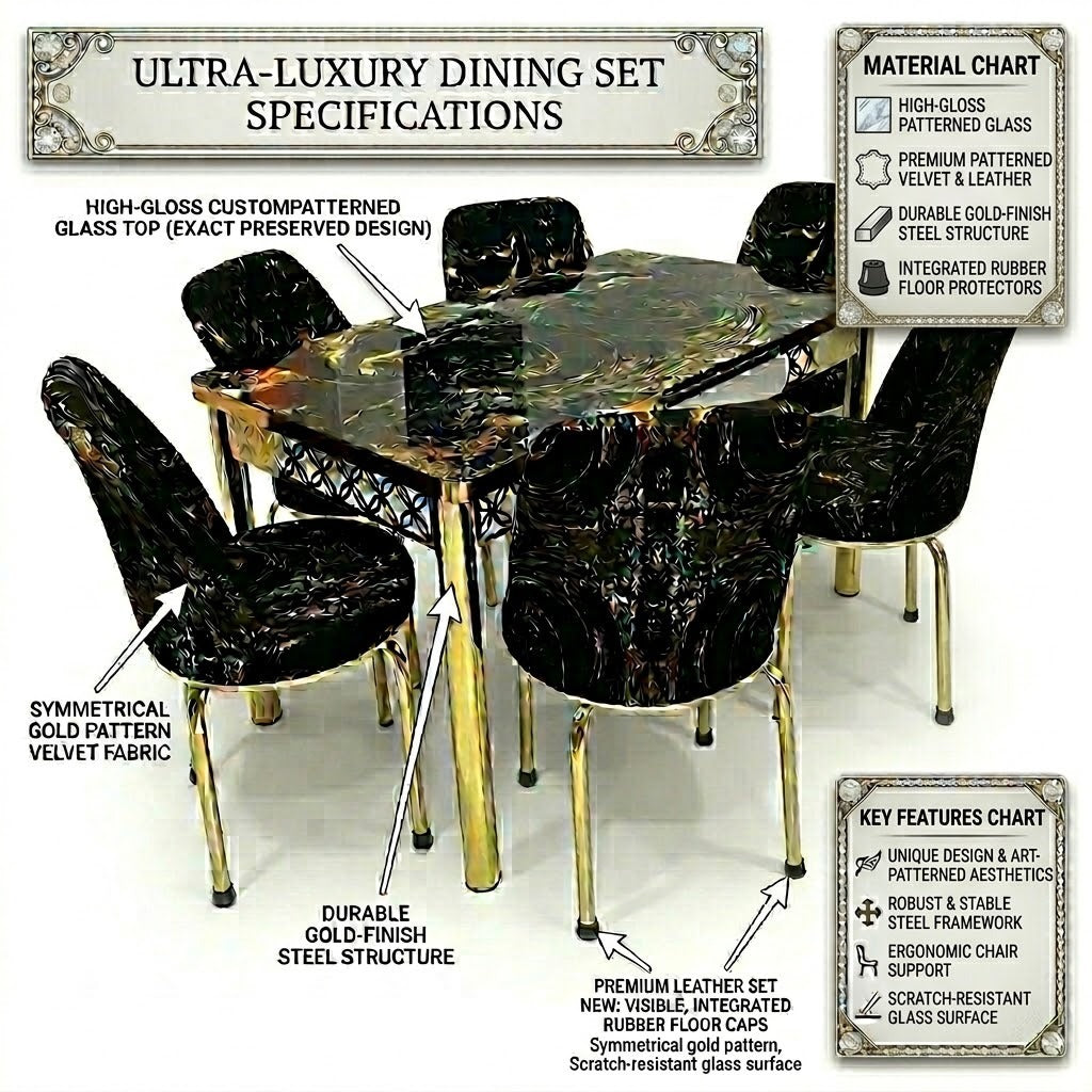 Luxury Black and Golden Velvet Dining Set ,Chairs & Printed Glass Table Top