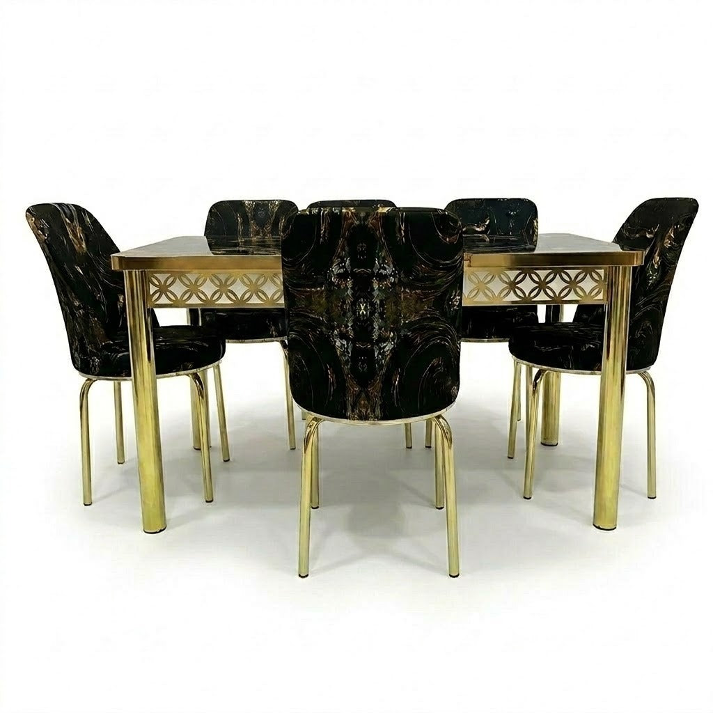 Luxury Black and Golden Velvet Dining Set ,Chairs & Printed Glass Table Top
