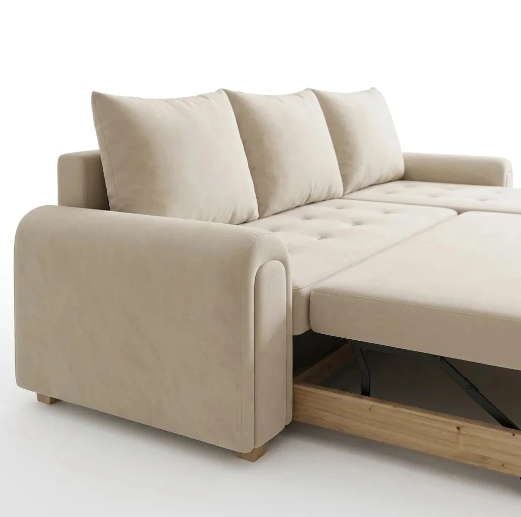 Beige sectional sofa with a pull-out bed on a white background