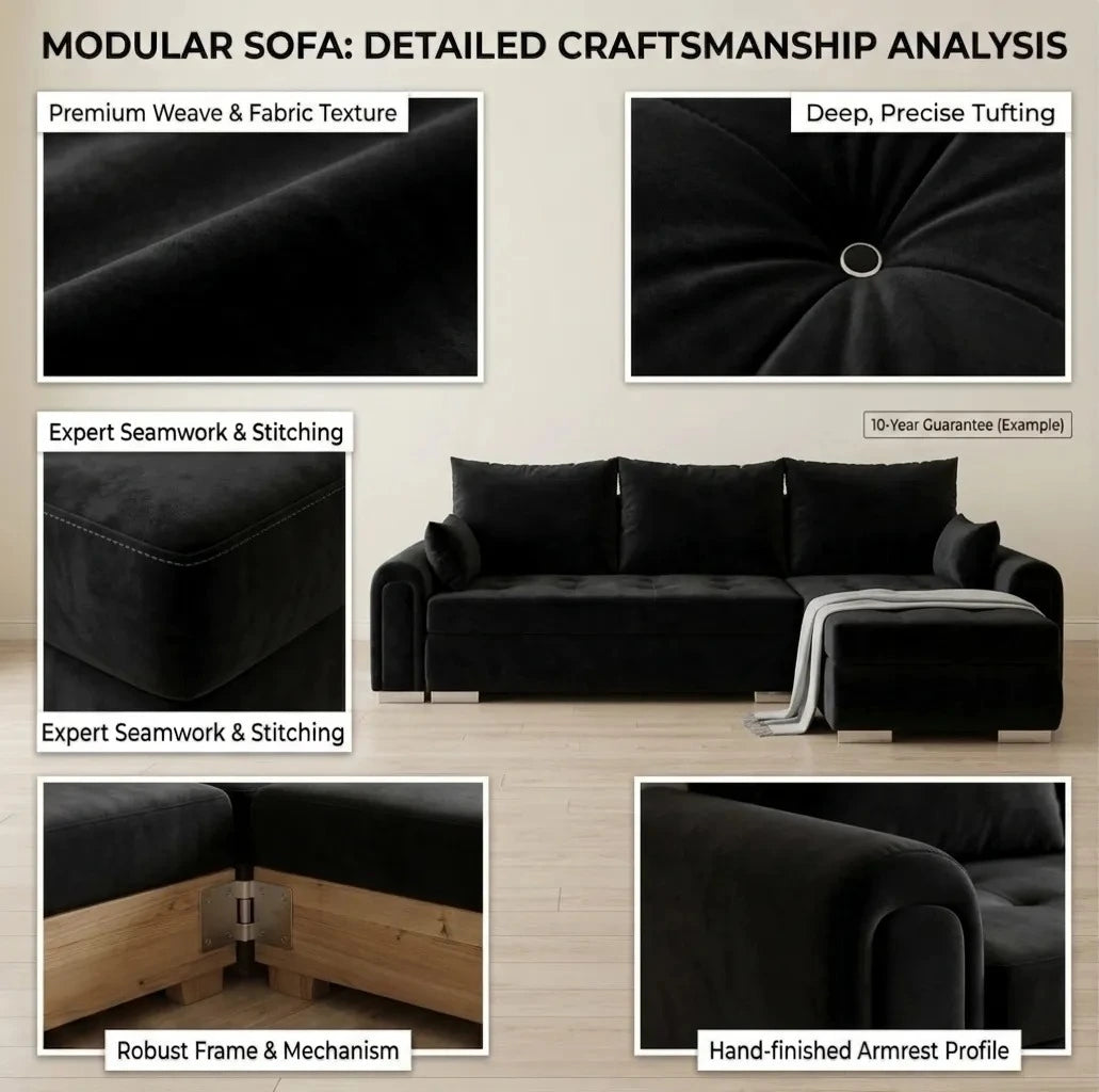 Modular sofa with detailed craftsmanship analysis on a neutral background