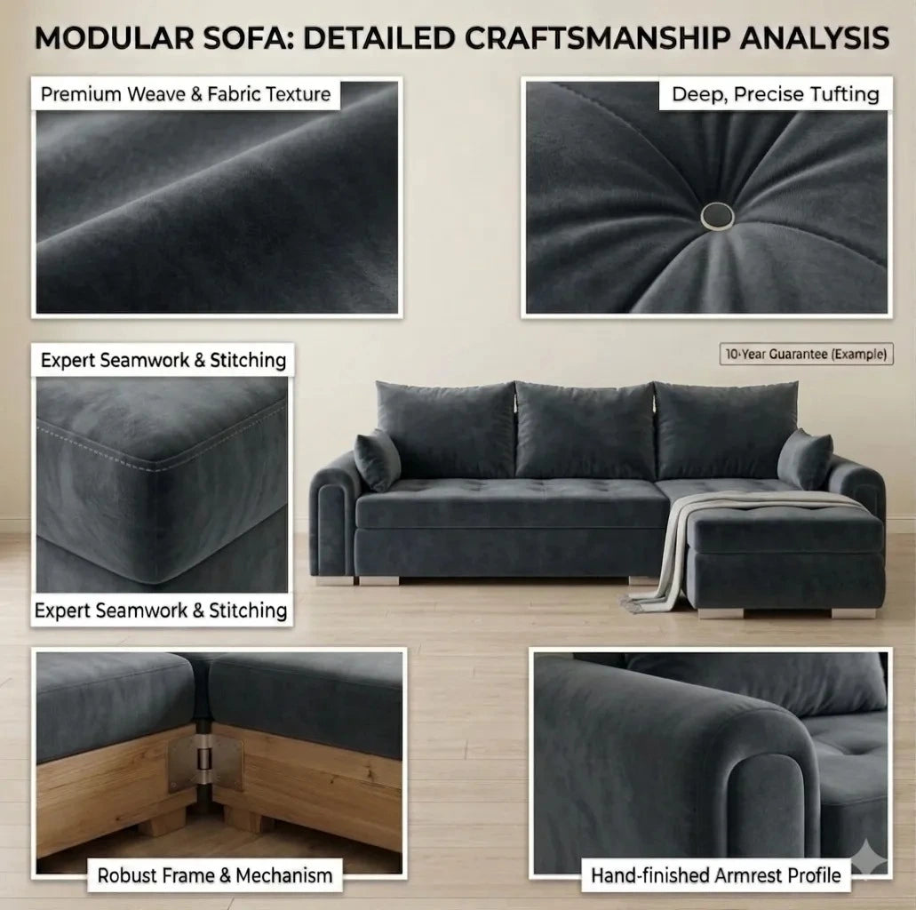 Modular sofa with detailed craftsmanship analysis on a beige background