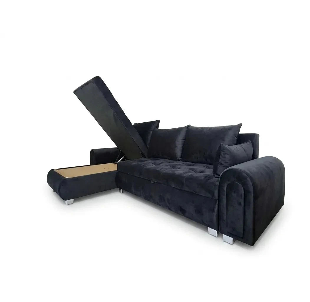 Black sectional sofa with storage compartment on a white background