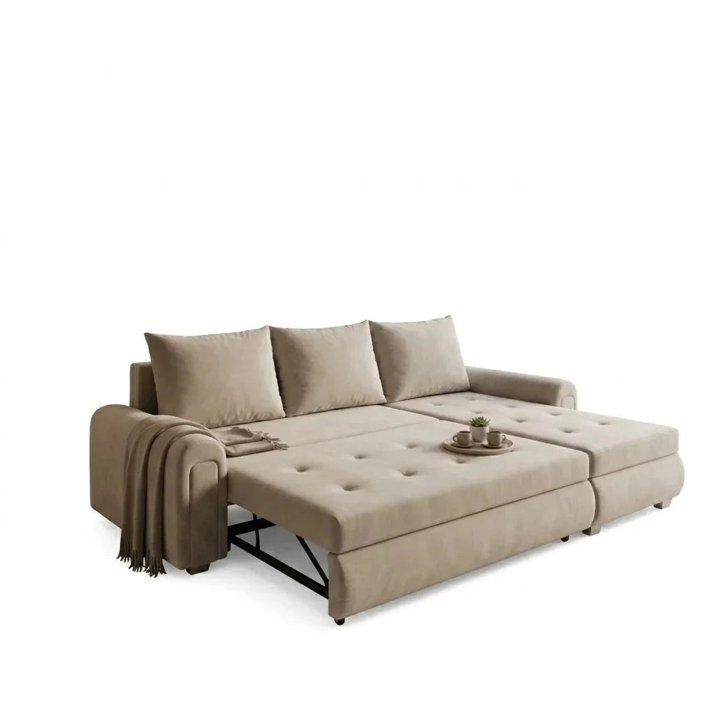 Beige sectional sofa with ottoman on a white background